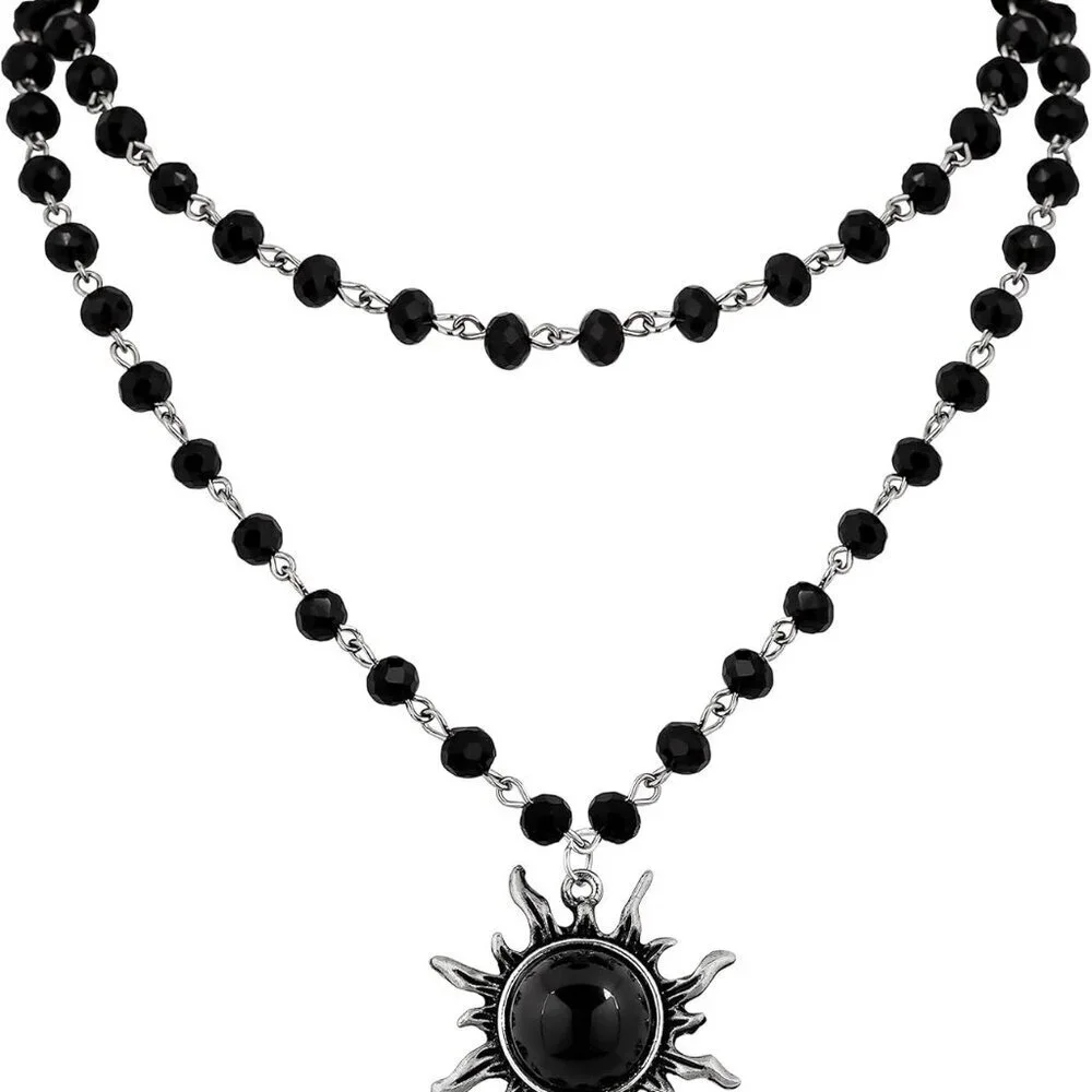 Gothic Sun Choker Necklace Black Bead Onyx Zinc Jewelry for Women